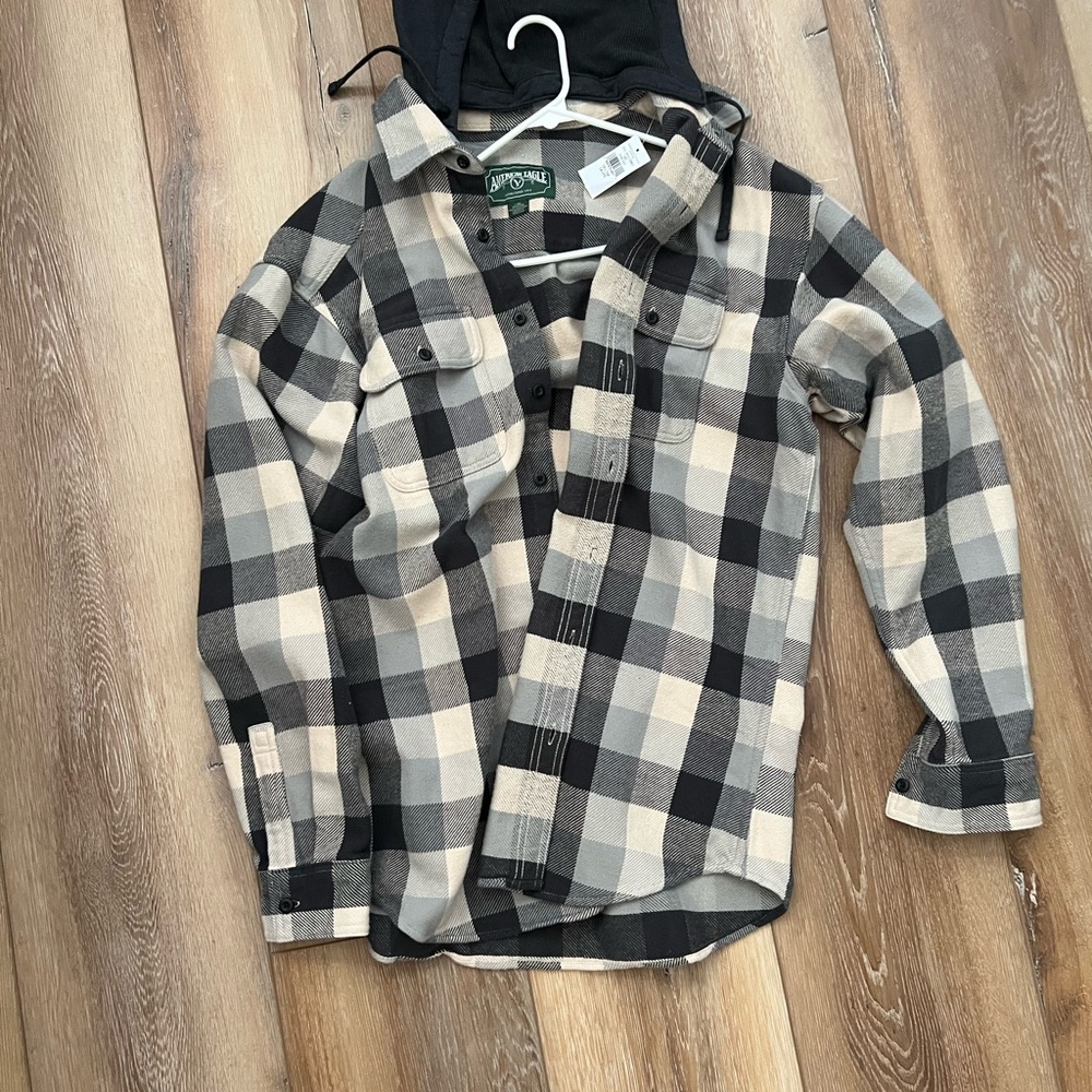 American Eagle Plaid Hooded Flannel Shirt Jacket - Black & Cream NWT size L tall